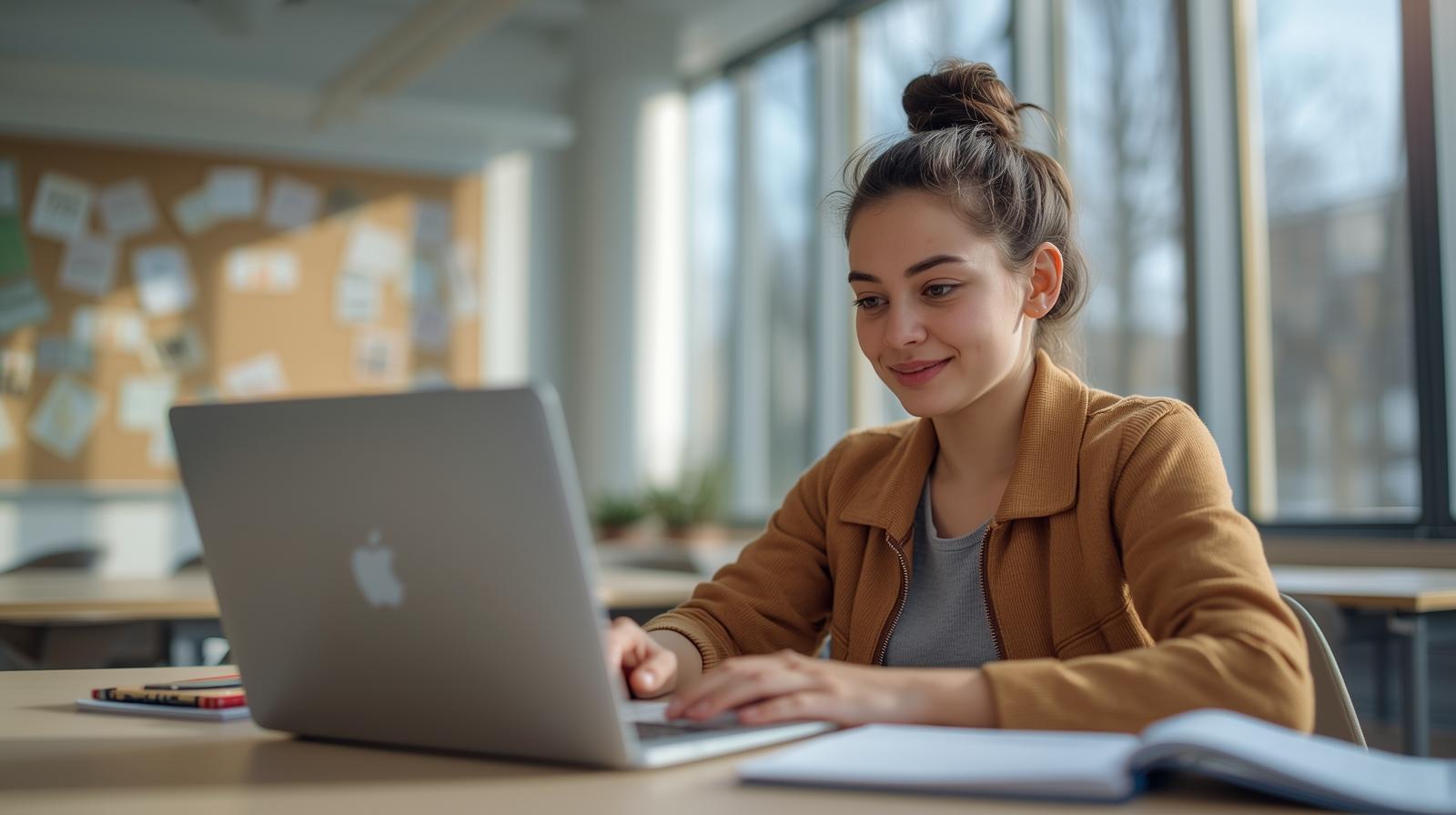 Student journalist thoughtfully working in a campus newsroom surrounded by natural light.