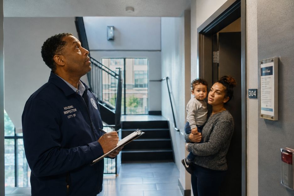 city housing inspector reviewing maintenance conditions